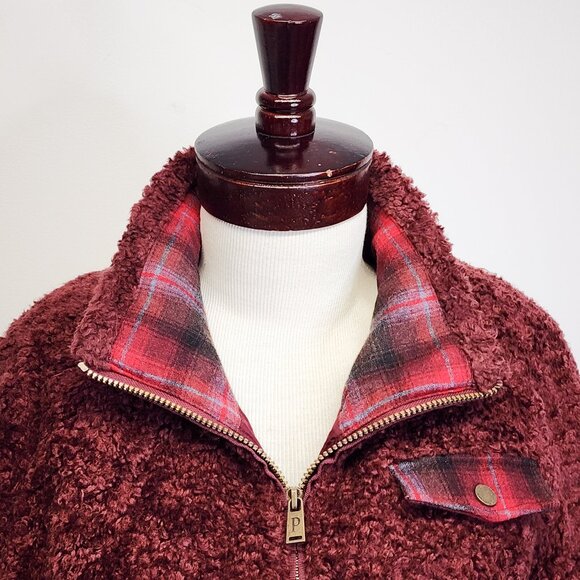 Pendleton Hi-Pile Fuzzy Sherpa Full Zip Fleece Jacket Maroon Plaid Trim Womens L - Picture 3 of 14